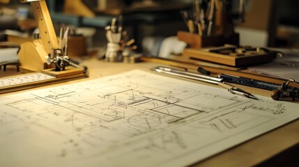 Intricate architectural blueprints and design tools showcase creative process in drafting workspace