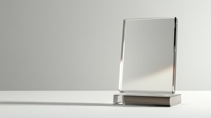 A beautiful glass plaque on a sleek silver base shines in natural light against a clear backdrop
