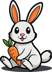 Obraz premium Adorable Bunny with Carrot: A charming cartoon rabbit happily holds a juicy carrot. Perfect for children's books, websites, and more. 