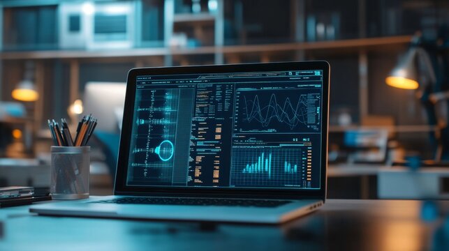 Exploring the digital age insights from data analytics on a modern laptop displaying graphs and statistics