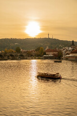 Prague, Czech Republic: golden hour just before sunset by the Moldau river