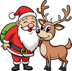 Santa Claus and Reindeer Christmas Cheer: A jolly Santa Claus and his faithful reindeer share a heartwarming moment, embodying the joy and spirit of the holiday season. Perfect for festive greetings.