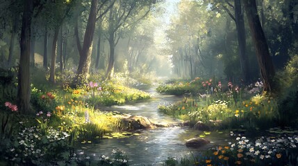 Obraz premium A tranquil woodland clearing with a small stream running through, surrounded by tall trees, wildflowers blooming along the banks, and dappled sunlight