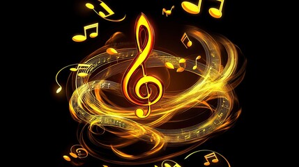 A musical note is surrounded by a swirl of colorful sparks. The note is a treble clef, and the sparks are in various shades of blue, red, and yellow. Concept of energy and movement