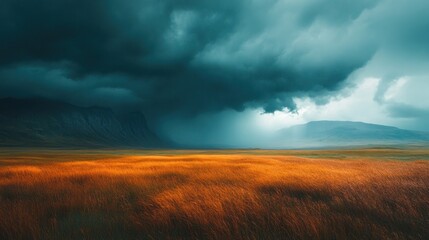 Dramatic stormy sky over a vast grassy plain with mountains in the distance.