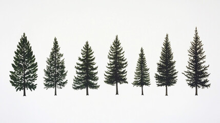 Fototapeta premium Eight Evergreen Trees Silhouettes Isolated on White Background