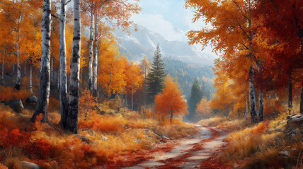 Fototapeta premium serene autumn landscape with vibrant orange foliage and winding path