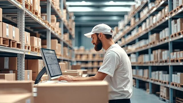 A worker using a computer to handle inventory in a storage room, surrounded by shelves and boxes, with a focus on efficient stock control