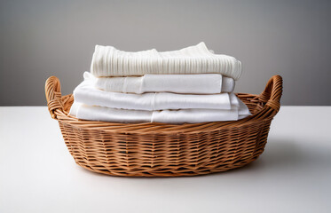 Obraz premium Wicker basket with a stack of white clothes on a white background. Clean, folded, stacked clothes in a wicker basket isolated, Stack of wool sweater white Colors Folded Knit Sweaters on white backgrpu