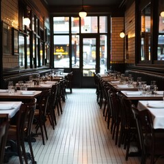 a restaurant with tables and chairs in the middle of a long hallway
