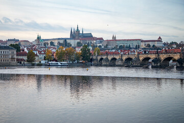 Prag city center, photographed by Vltava River with the fortress and Charles bridge 