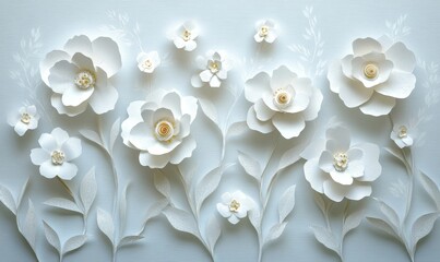 Elegant Paper Cut Art with Blooming White Flowers on Light Background, Intricate Handcrafted Floral Composition, Perfect for Decor and Design, Generative AI