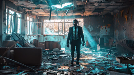 African American businessman standing in a devastated office, symbolizing resilience.