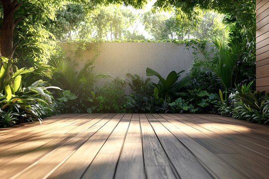 Empty wooden terrace with green wall 3d render,There are wood plank floor with tropical style tree garden background sunlight shine on the tree