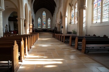 Fototapeta premium a long church with benches and windows