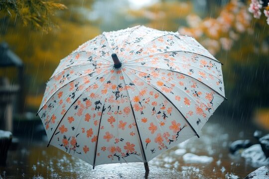 Floral-patterned umbrella on wet pavement during rainy autumn day