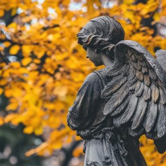 Fototapeta premium an angel statue in front of autumn leaves