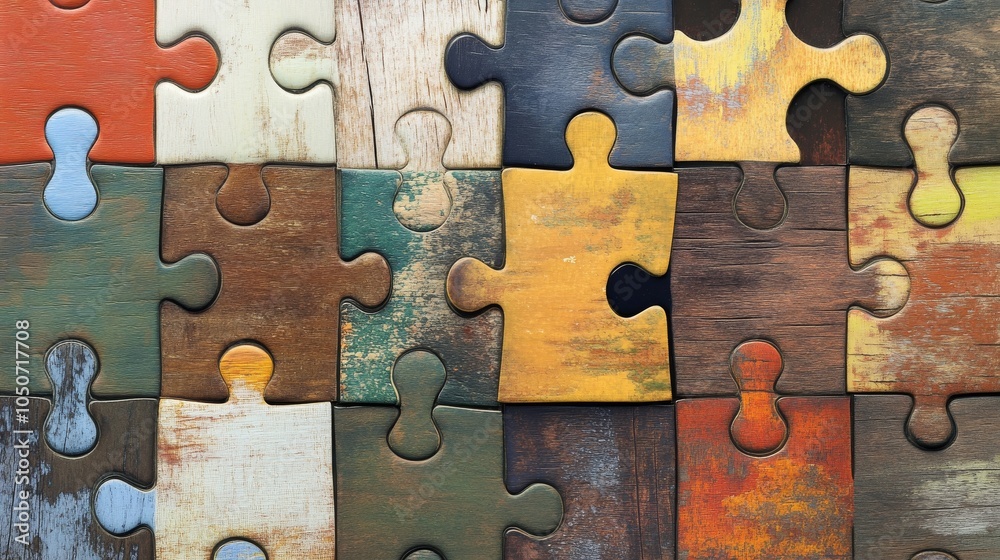 Poster a collage of puzzle pieces in varied shapes and textures fitting together seamlessly, representing t