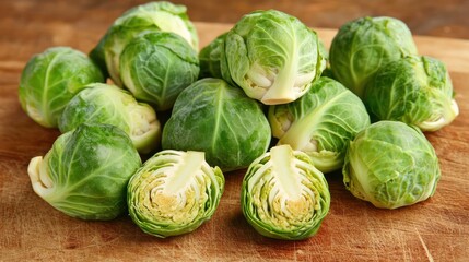 Fototapeta premium Close-Up of Fresh Brussels Sprouts on a Wooden Cutting Board