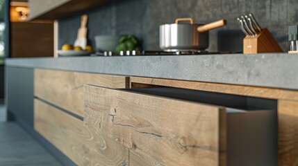A close-up shot showcasing open kitchen drawers with a contemporary design