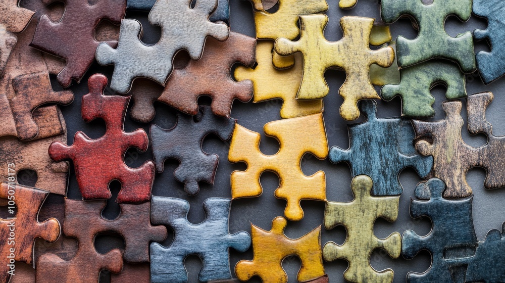Poster a collage of puzzle pieces in varied shapes and textures fitting together seamlessly, representing t