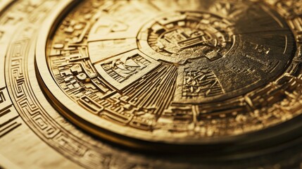 Close-Up of Gold Coin with Intricate Business-Inspired Engravings and Detailed Patterns in Luxurious Metallic Finish