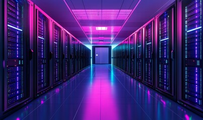 Fototapeta premium Futuristic Neon-Lit Data Center Interior with Rows of Servers, Cybersecurity Concept, Modern Technology Infrastructure, High-Tech Server Room, Innovative Network, Generative AI