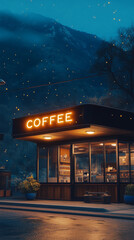 Cafe in night forest. 