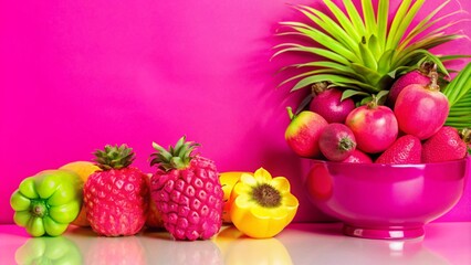 Colorful fruits and vegetables in a pink bowl against a pink background.