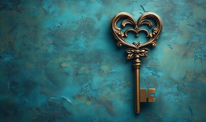 Vintage Golden Key with Ornate Heart Bow on Teal Background, Real Estate Concept Symbolizing Love and Home, Generative AI