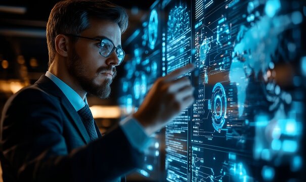 Corporate executive interacting with a futuristic global maintenance concept, showcasing proactive worldwide system support and digital repair, Generative AI