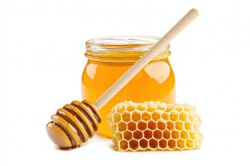 A jar of honey with a wooden dipper, showing the sticky, golden texture perfect for food-related themes