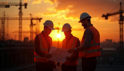 Fototapeta premium Engineers review plans at sunset, silhouetted against a vibrant construction site.