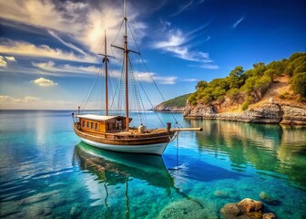 Obraz premium Traditional Mediterranean Wooden Sailboat Anchored in Tranquil Waters - Candid Photography