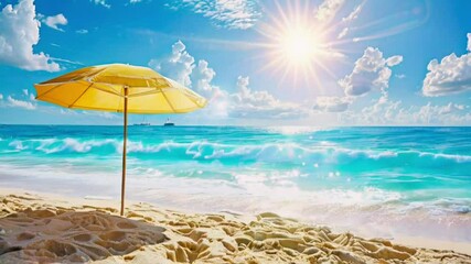 A sunny beach scene featuring an umbrella on the sand with a clear blue sky and gentle waves in the background