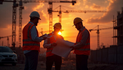 Fototapeta premium Engineers review plans at sunset, silhouetted against a vibrant construction site.