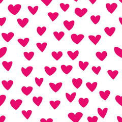 Seamless pattern with pink hearts. Template holiday vector illustration. Design for card, postcard, poster, print, banner. Cartoon colorful hearts on white background