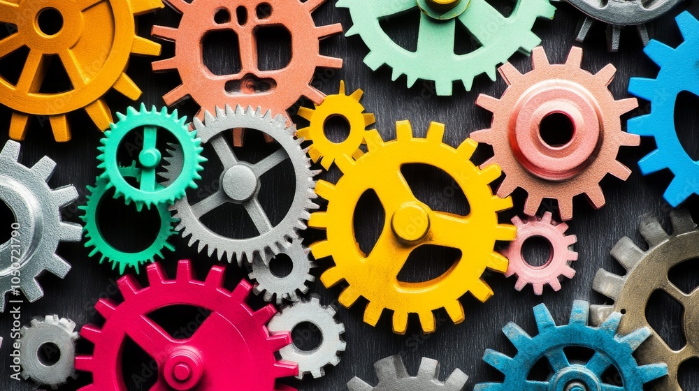 Poster A collection of gears in different colors and sizes working together smoothly, depicting the collaborative effort and efficiency of diverse teams, photography style