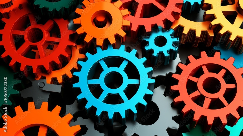 Poster a collection of gears in different colors and sizes working together smoothly, depicting the collabo