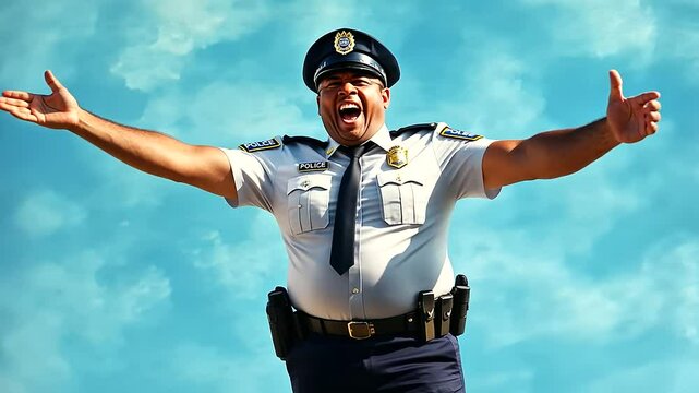 A playful collage of a rotund police officer on duty, humorously stopping someone with a mix of funny reactions and patrol antics