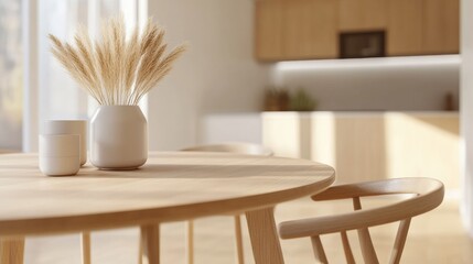Minimalist dining area with wooden table and chairs, featuring a vase of dried pampas grass, AI