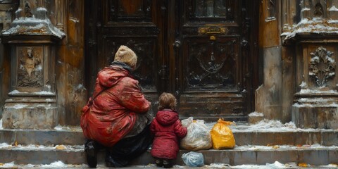 homelessness, a woman and child seek warmth and safety on church steps, clutching their possessions in plastic bags