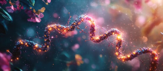 Abstract DNA strand in glowing orange and blue colors with blurred colorful background.