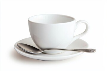 Fototapeta premium A white coffee cup with a spoon resting on the saucer, perfect for showcasing beverages or cafe culture