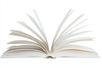Fototapeta premium An open book showing pages slightly curled, isolated on white to emphasize its texture and inviting nature