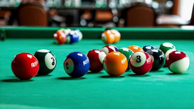 Billiard balls scattered on a green pool table ready for a game