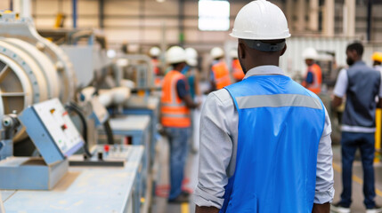 Fototapeta premium Black African American worker in a blue vest and white helmet overseeing machinery at a manufacturing plant.
