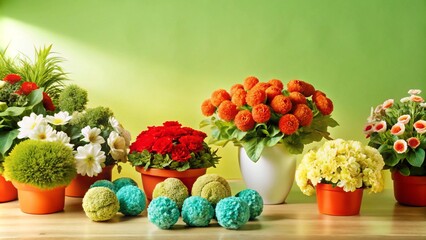Colorful artificial flowers in pots on a wooden table with green background.
