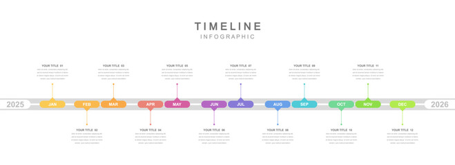 Infographic workflow diagram 12 months for Business Presentations. Timeline diagram, report, web design. Creative, vector, illustration	