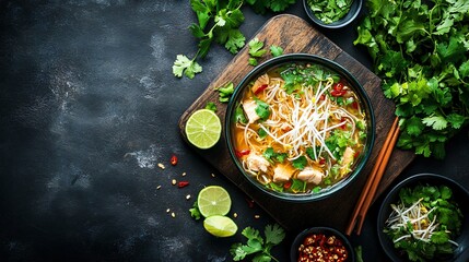Steaming pho with chicken and a clear broth, placed on a dark wooden board, surrounded by fresh cilantro, lime slices, and bean sprouts